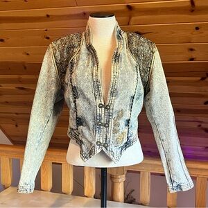 Z. Cavaricci 80s/90s Vintage Western Acid Wash Denim Gold Lace Jacket Size S